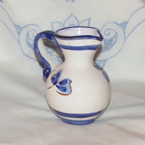 Blue & White Hand Painted Pottery Pitcher Small 4" Floral Decorative Folkart - Picture 3 of 8